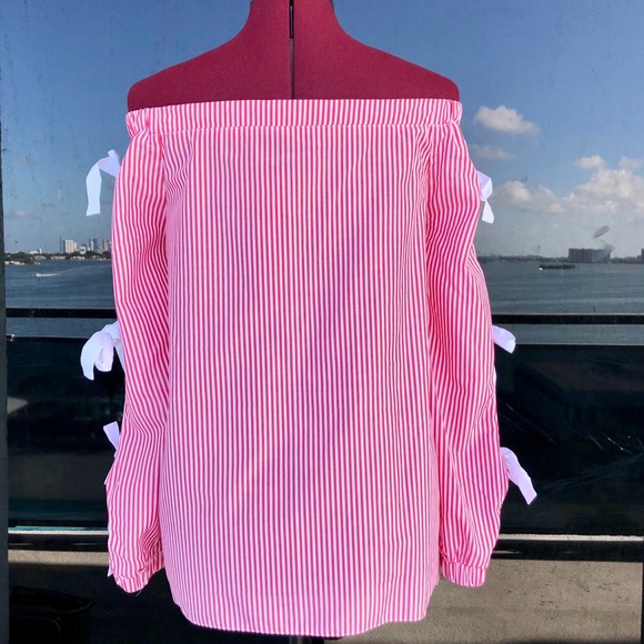 Do+Be Striped Off Shoulder Bow Tied Sleeves Blouse - Picture 9 of 12